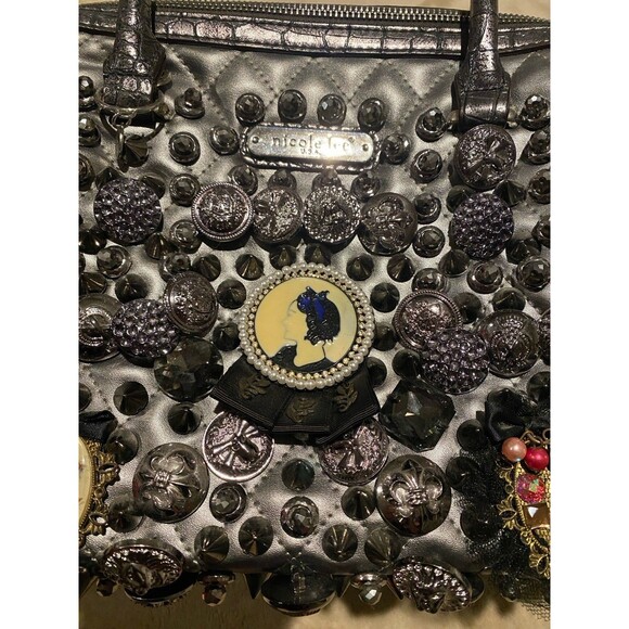 Nicole Lee USA Rare Buttons Spikes Jeweled Handbag Limited Edition Rock Retro - Picture 3 of 9